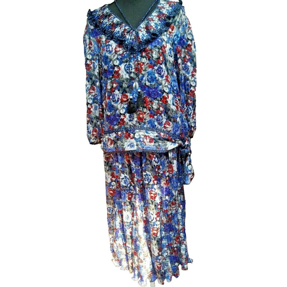 2-PC Vintage Diane Freis Georgette Floral Print Blouse & Skirt Set Blue Red Gray